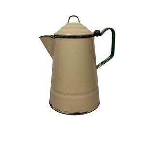 Vintage Enamel Coffee Pot‎ Percolator Cream Green Handle Spout Camping Kitchen